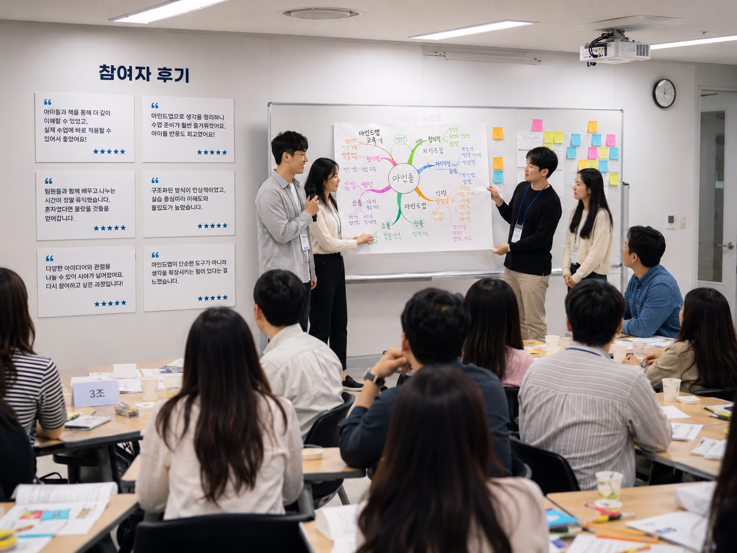 팀빌딩 과정에서 참여자들이 결과물을 발표하고 후기를 나누는 모습