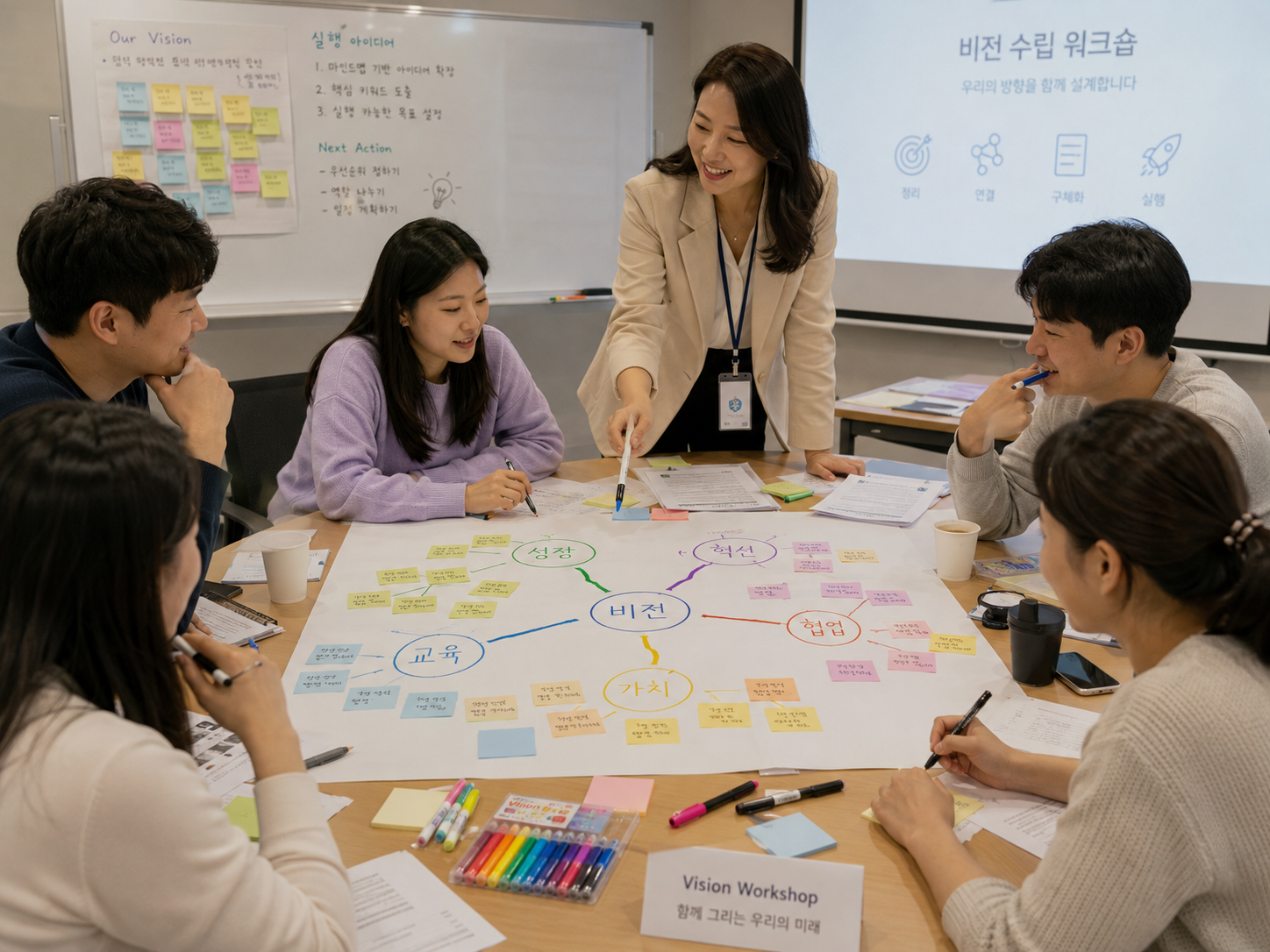 비전 수립 워크숍에서 참여자들이 비전 마인드맵을 작성하는 모습